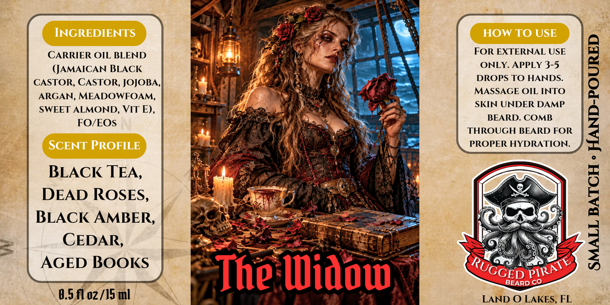 The Widow - Black Tea, Dead Roses & Black Amber Beard Oil, Butter & Cologne label artwork