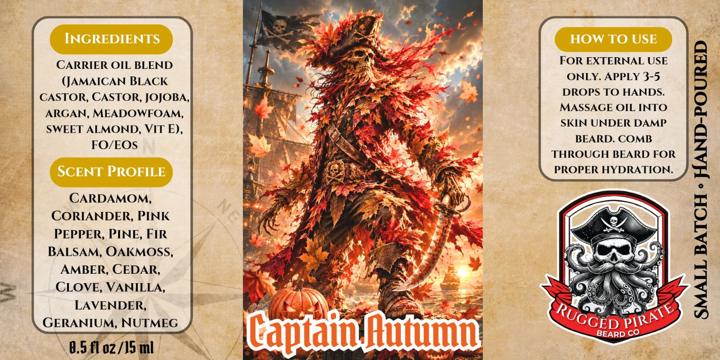 Captain Autumn beard oil label - Rugged Pirate Beard Co.