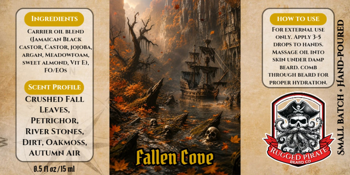 Fallen Cove beard oil label and scent profile
