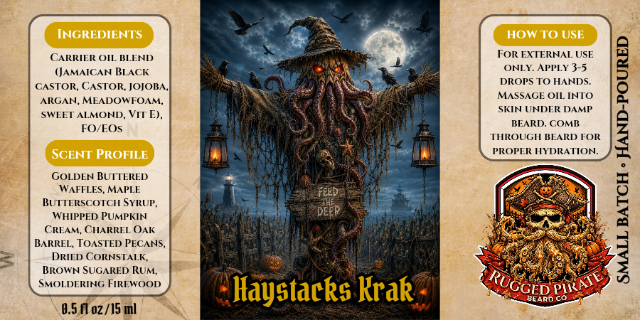 Haystacks Krak beard oil label and scent profile