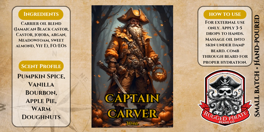 Product packaging for 'Captain Carver' with ingredients, scent profile, and usage instructions on a rustic background.