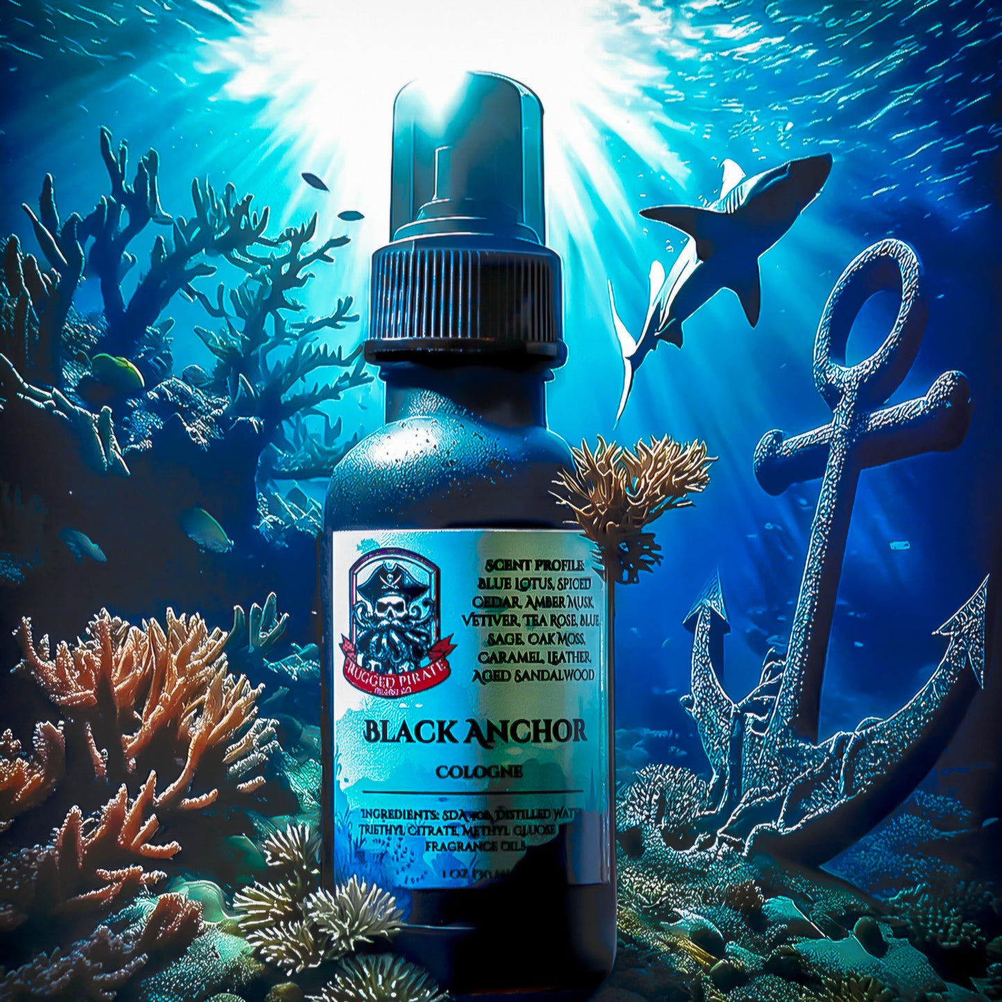 Black Anchor (Blue Lotus, Spiced Cedar, Amber Musk, Vetiver, Tea Rose, Blue Sage, Oak Moss, Caramel, Leather, Aged Sandalwood) 1 oz Cologne/EDP