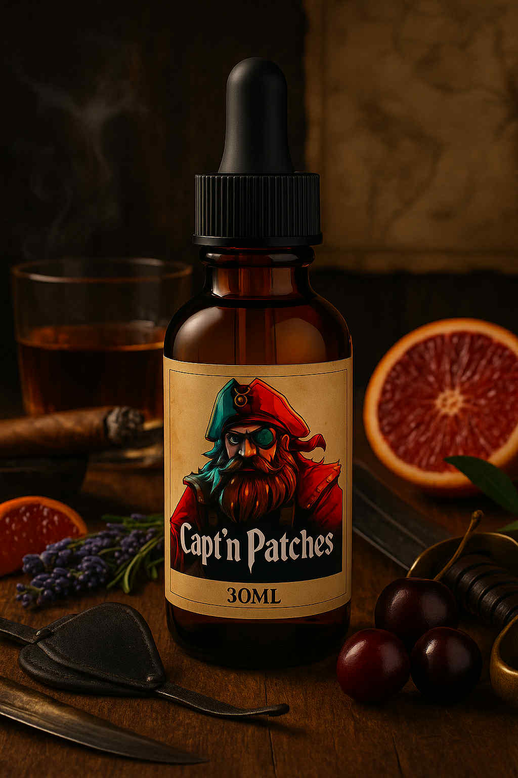 Capt'n Patches (Black Cherry, Blood Orange, Ambergris, Citrus Bitters, Whiskey, Cuban Tobacco)