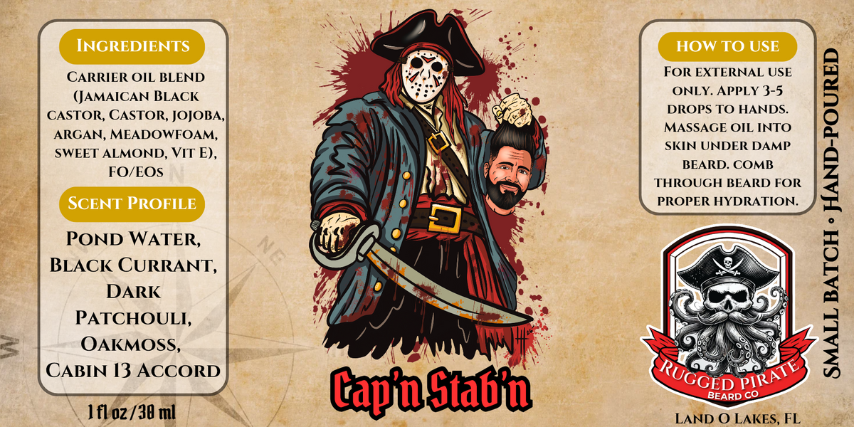 Cap'n Stab'n - Pond Water, Black Currant & Dark Patchouli Beard Oil, Butter & Cologne label artwork
