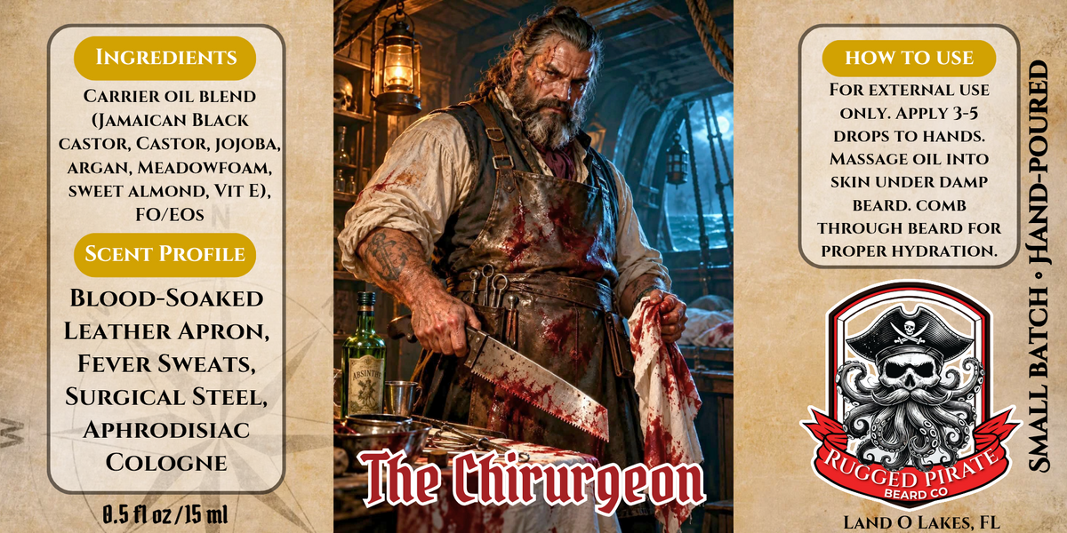 The Chirurgeon - Blood-Soaked Leather, Surgical Steel & Aphrodisiac Cologne Beard Oil, Butter & Cologne label artwork
