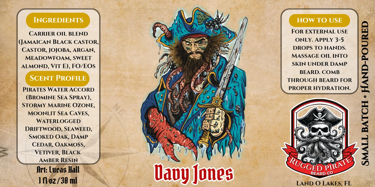 Davy Jones beard oil label artwork