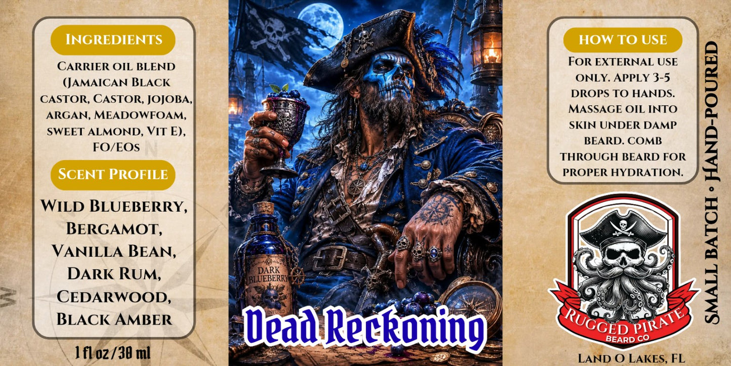 Dead Reckoning beard oil - wild blueberry, bergamot, vanilla bean, dark rum, cedarwood and black amber