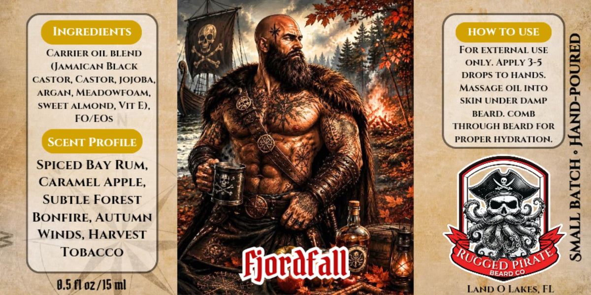 Fjordfall beard oil label and scent profile