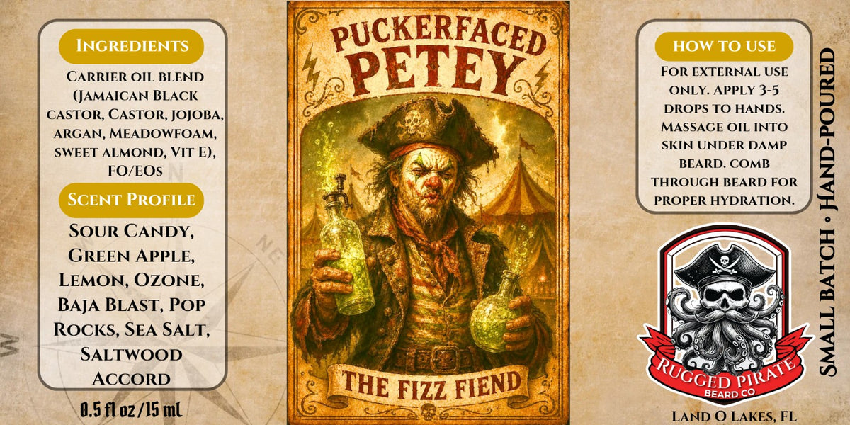Pucker-Faced Petey beard oil label