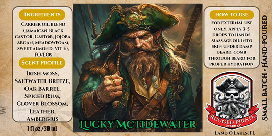 Lucky McTidewater (Irish Moss, Saltwater, Oak, Spiced Rum, Clover, Leather, Ambergris) Beard Oil, Butter, and Cologne