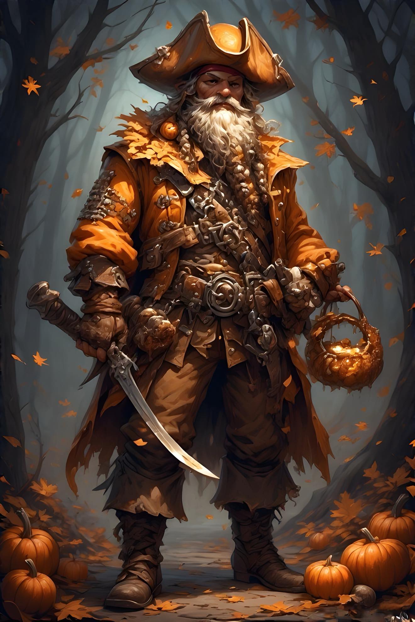 Character in pirate costume with a sword and lantern amidst pumpkins and autumn leaves