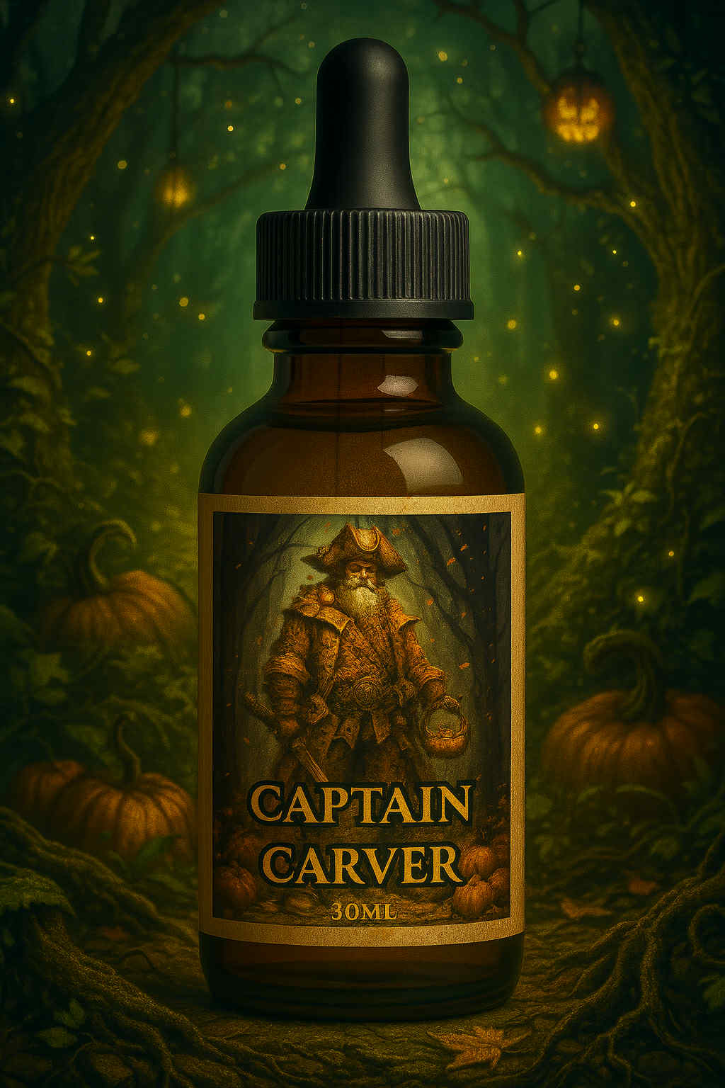 Bottle of 'Captain Carver' with a label featuring a pirate design, set against a mystical forest background.