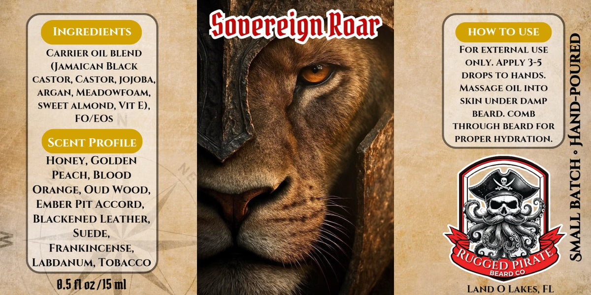 Sovereign Roar beard oil label and scent profile
