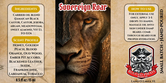 Sovereign Roar beard oil label and scent profile