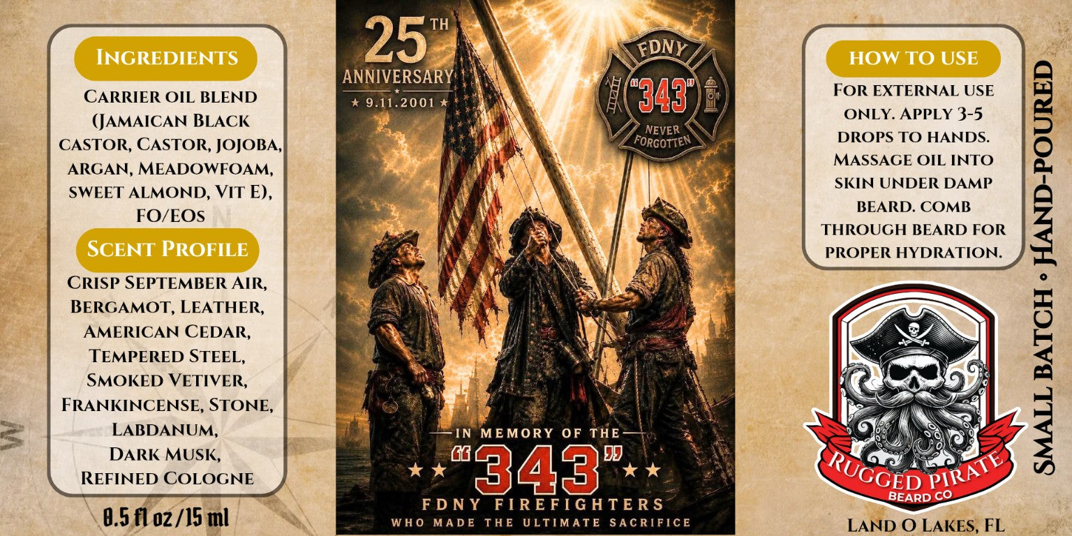 The Fallen 343 beard oil label